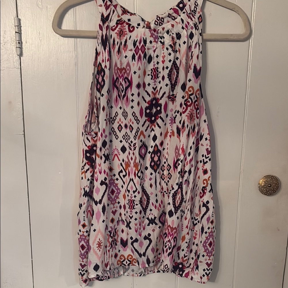 Jane + Delancey Sleeveless halter top in White with Pink & Purple Pattern L